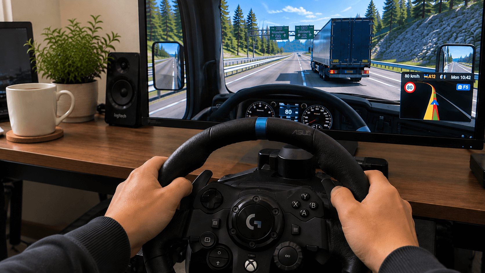 Playing Truck Sim With Sterring Wheel
