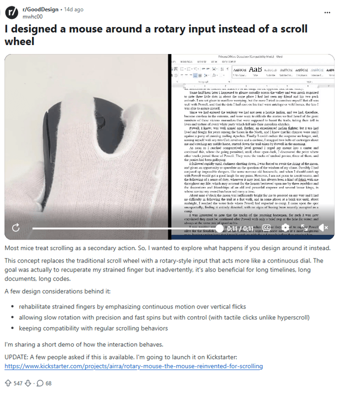 Reddit post about Rotary Mouse with almost 600 upvotes